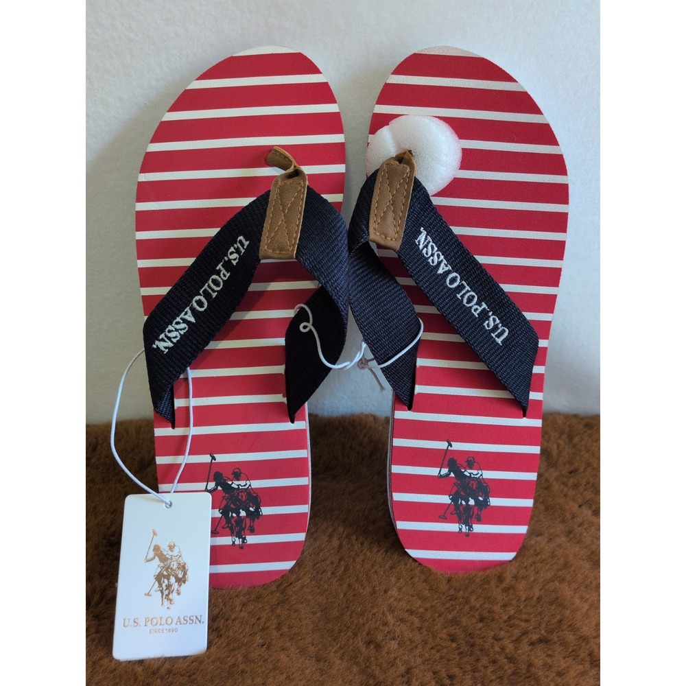 US Polo ASSN.Women Striped Flip Flops Red White Blue Nautical Sandals Sz 7-8 NWT